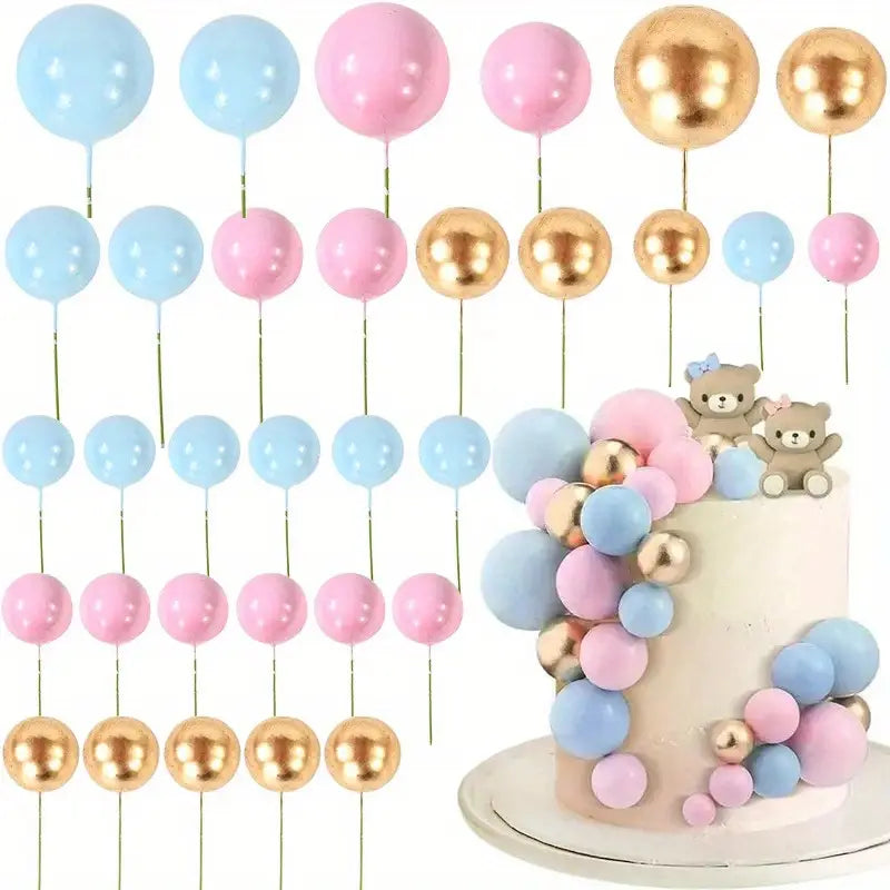 32Pcs/set Ball Cake Toppers Pink Gold Pearl Balls Cupcake