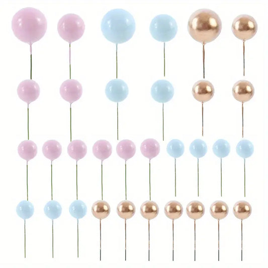 32Pcs/set Ball Cake Toppers Pink Gold Pearl Balls Cupcake