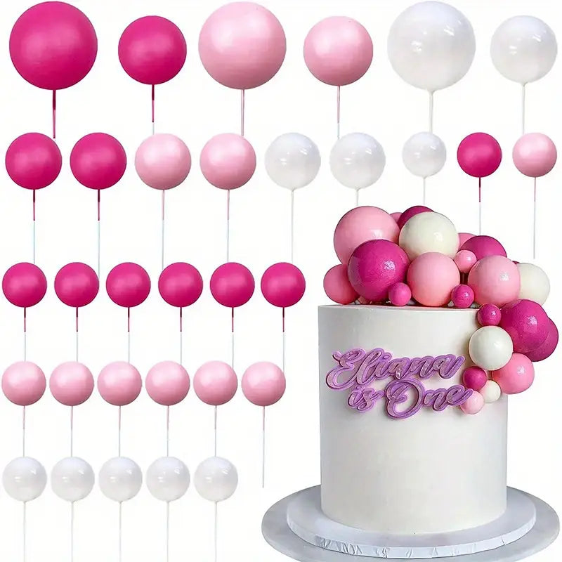 32Pcs/set Ball Cake Toppers Pink Gold Pearl Balls Cupcake