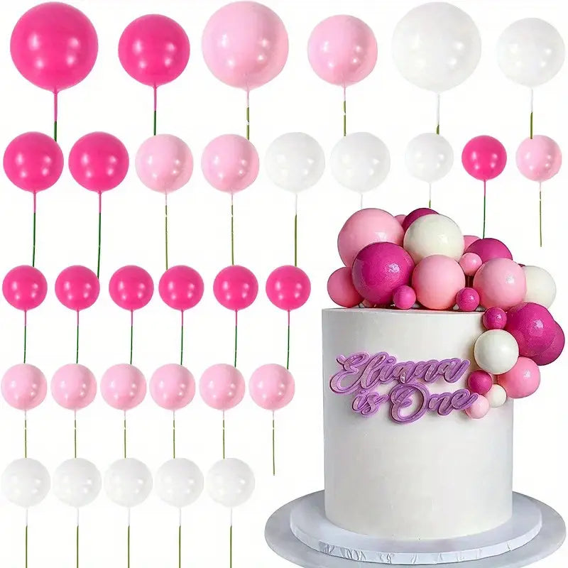 32Pcs/set Ball Cake Toppers Pink Gold Pearl Balls Cupcake