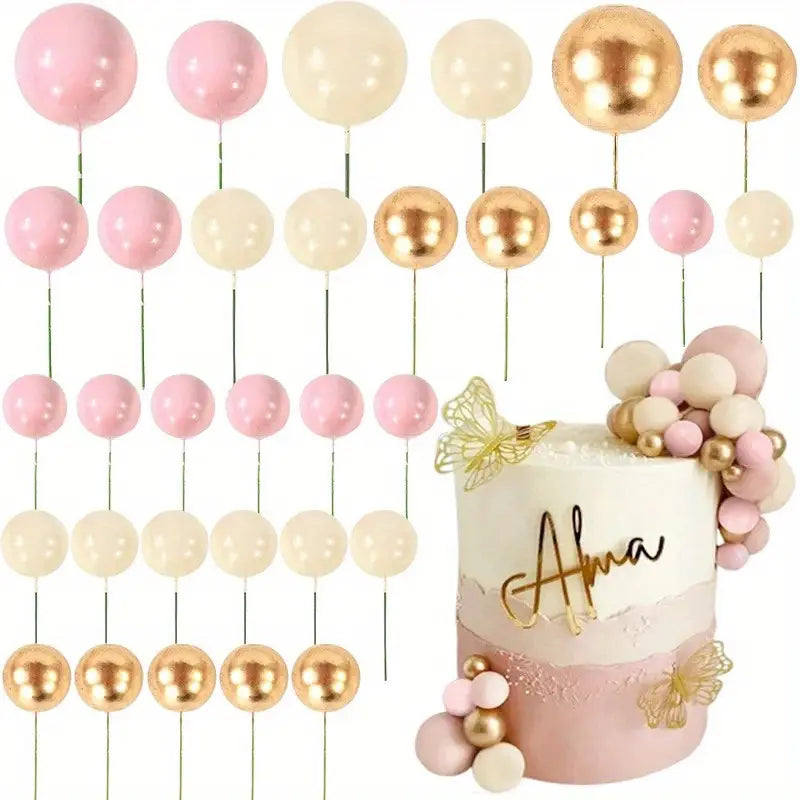 32Pcs/set Ball Cake Toppers Pink Gold Pearl Balls Cupcake