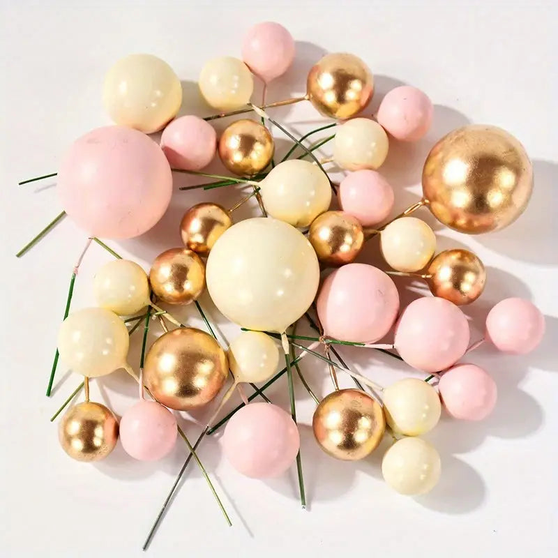 32Pcs/set Ball Cake Toppers Pink Gold Pearl Balls Cupcake