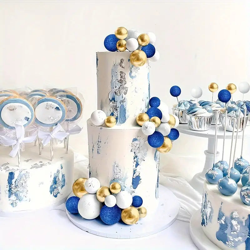 32-Piece Blue and Golden Spherical Cake Topper Set
