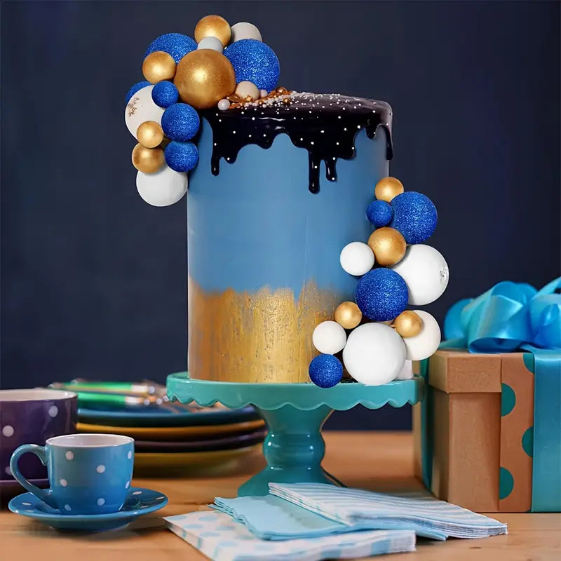32-Piece Blue and Golden Spherical Cake Topper Set