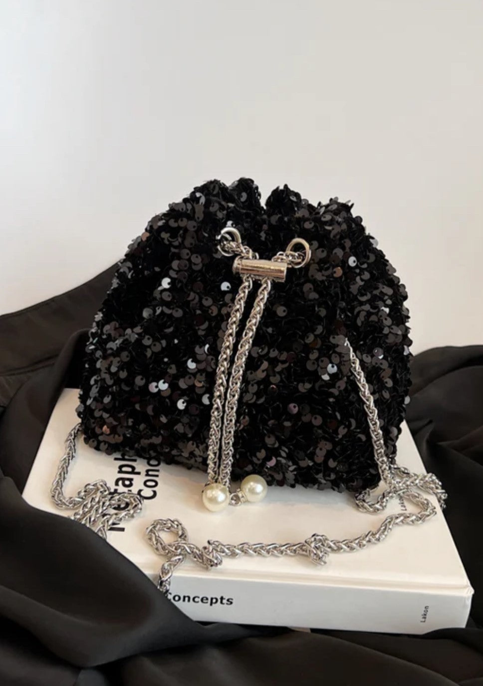 Black Sequins Drawstring Purse