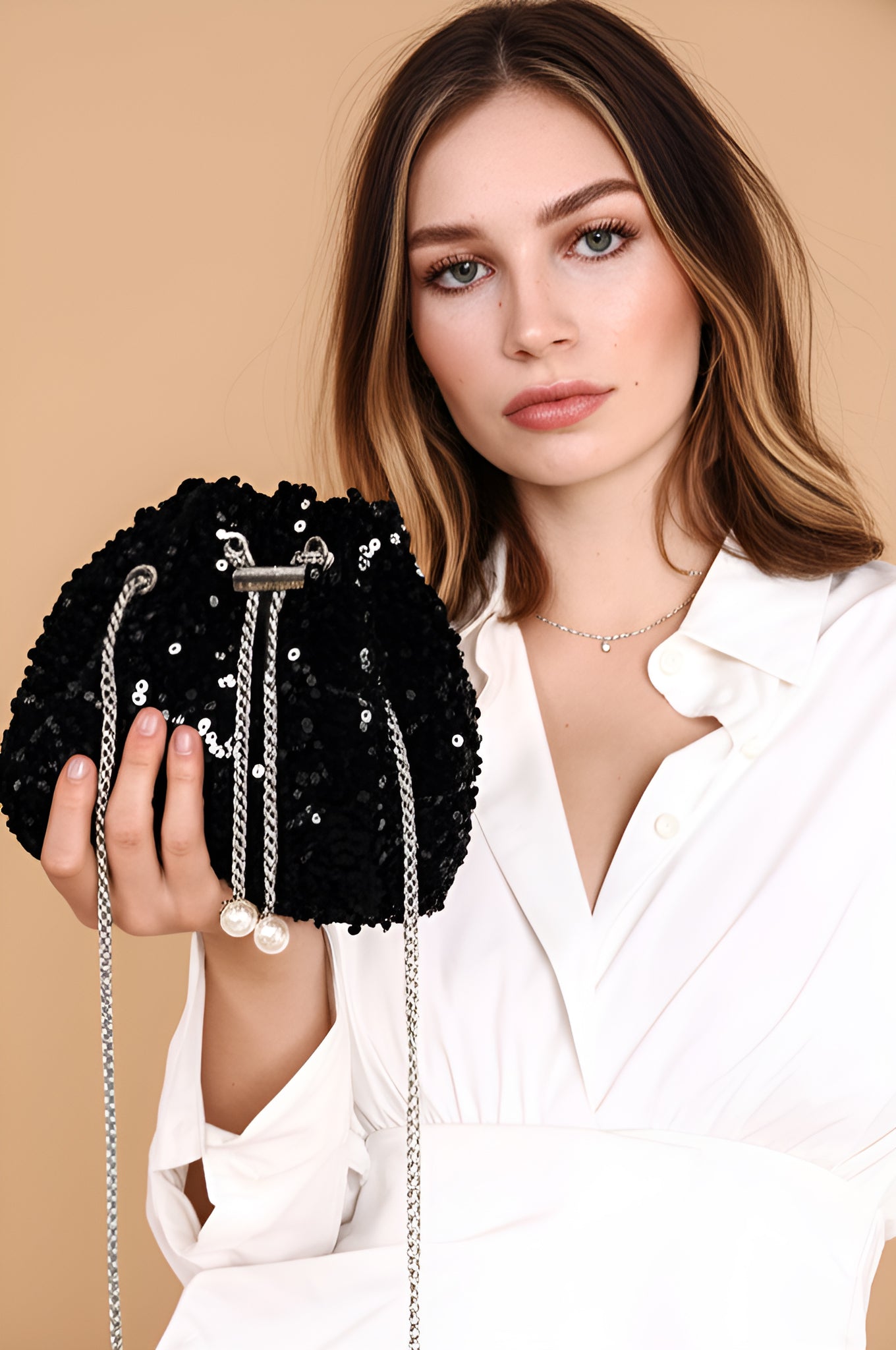 Black Sequins Drawstring Purse