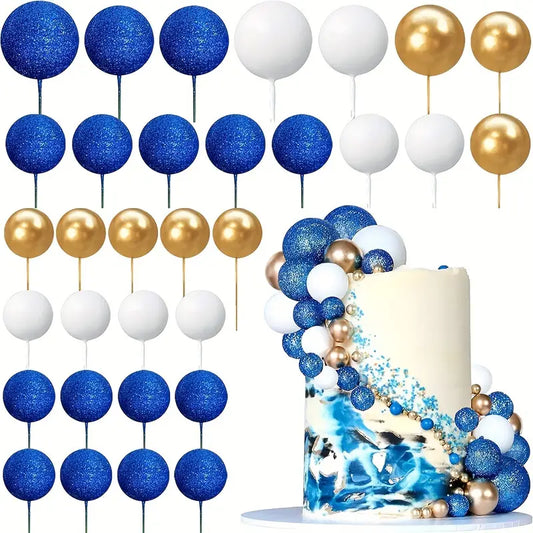 32-Piece Blue and Golden Spherical Cake Topper Set